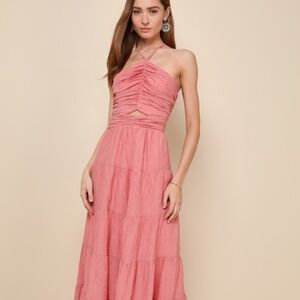 Lulus Effortless Sweetness Rusty Rose Ruched Lace-up Tiered Midi Dress Pink